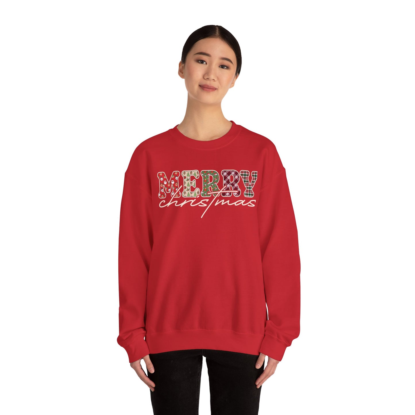 Plaid "Merry" Christmas Sweatshirt | Cute Winter Holiday Sweater | Patchwork Merry Christmas | Red and Green Plaid, Festive Crewneck