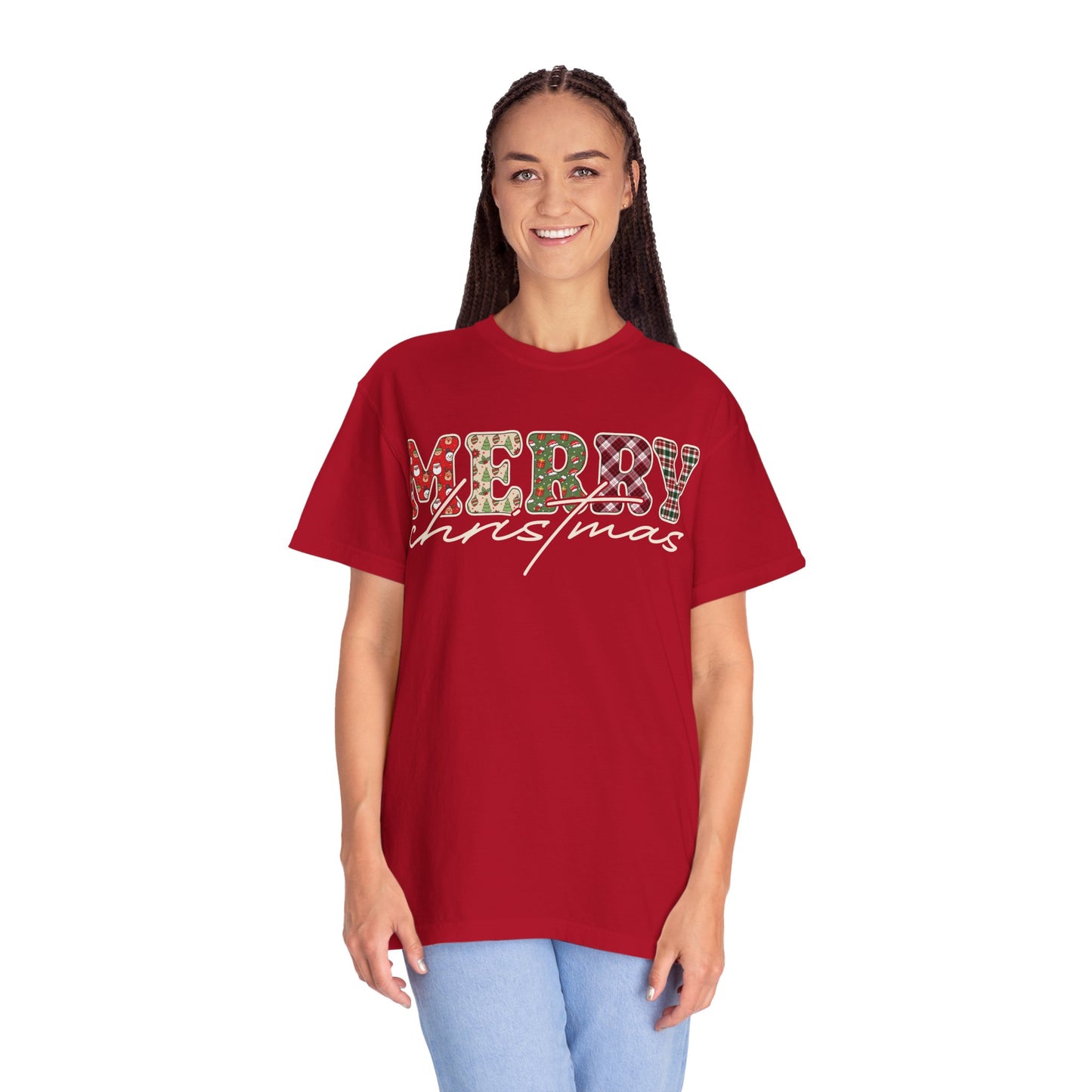 Plaid "Merry" Christmas T-shirt | Cute Winter Holiday Tees | Patchwork Merry Christmas Shirt | Red and Green Plaid, Festive Crewneck