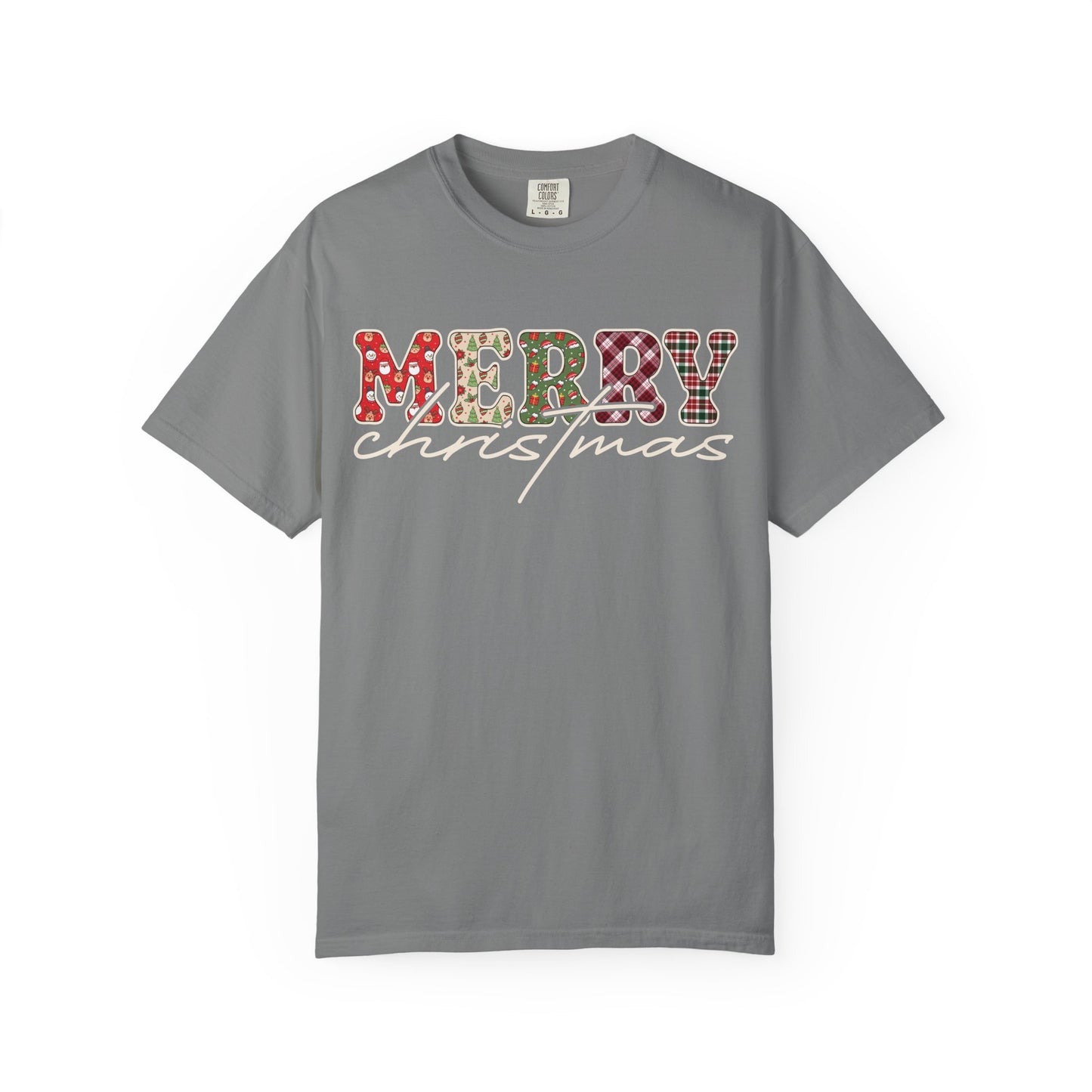 Plaid "Merry" Christmas T-shirt | Cute Winter Holiday Tees | Patchwork Merry Christmas Shirt | Red and Green Plaid, Festive Crewneck