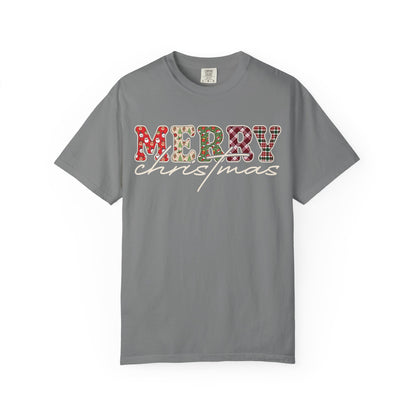 Plaid "Merry" Christmas T-shirt | Cute Winter Holiday Tees | Patchwork Merry Christmas Shirt | Red and Green Plaid, Festive Crewneck