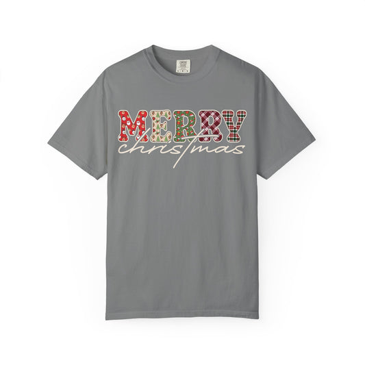 Plaid "Merry" Christmas T-shirt | Cute Winter Holiday Tees | Patchwork Merry Christmas Shirt | Red and Green Plaid, Festive Crewneck
