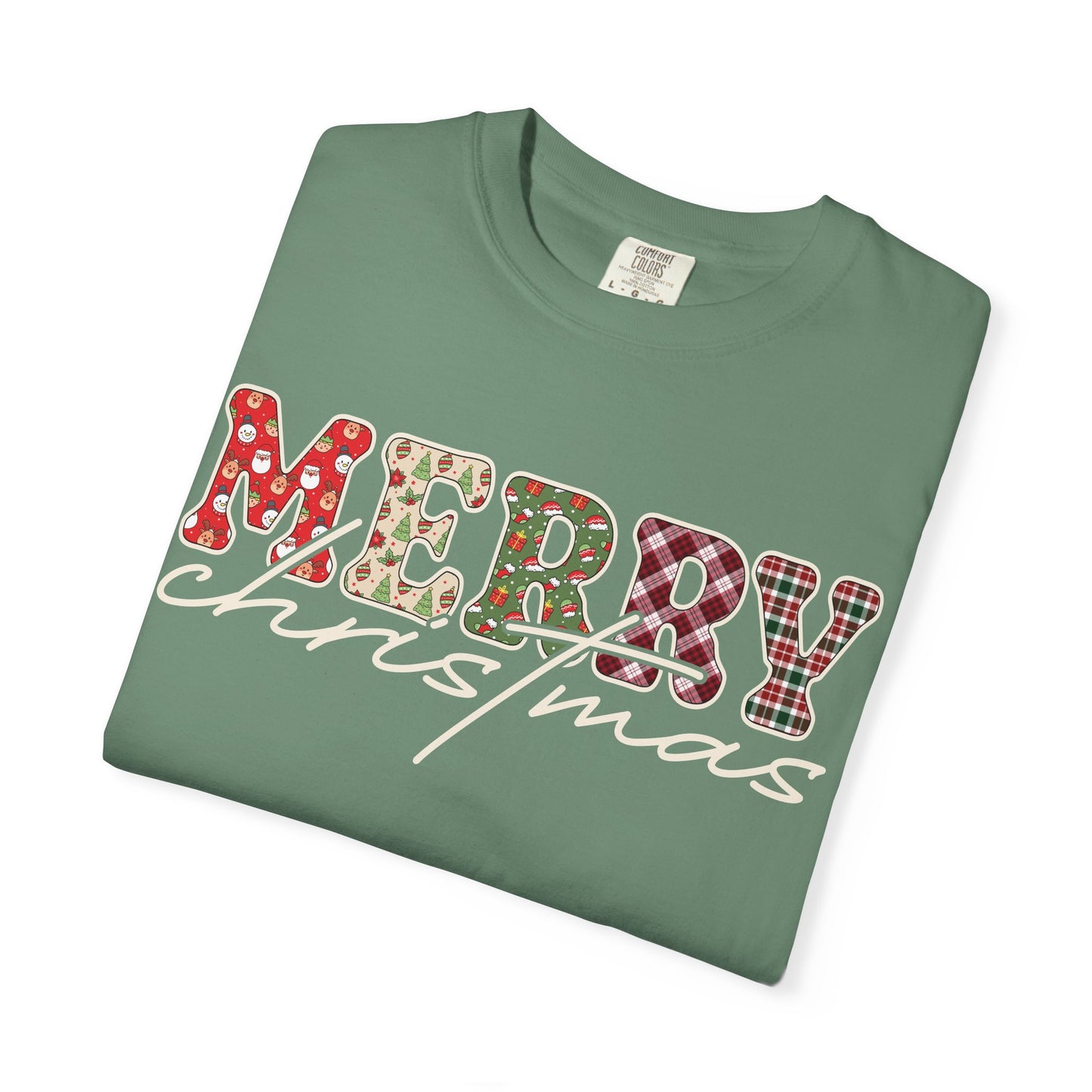 Plaid "Merry" Christmas T-shirt | Cute Winter Holiday Tees | Patchwork Merry Christmas Shirt | Red and Green Plaid, Festive Crewneck