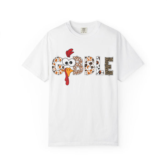 Gobble Turkey Graphic T-shirt | Thanksgiving Turkey Shirt, Leopard Print Letters