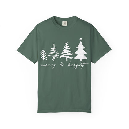 Merry & Bright Holiday Shirt | Retro Merry Christmas Holiday Tees | Xmas Winter Outfit | Christmas Trees T-shirt | Womens Festive Holiday
