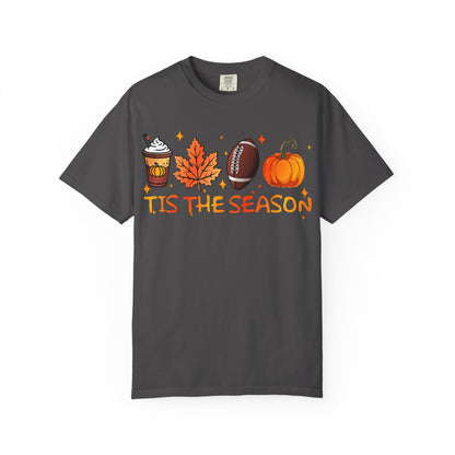 Tis The Season autumn icons T-shirt | coffee leaf football pumpkin