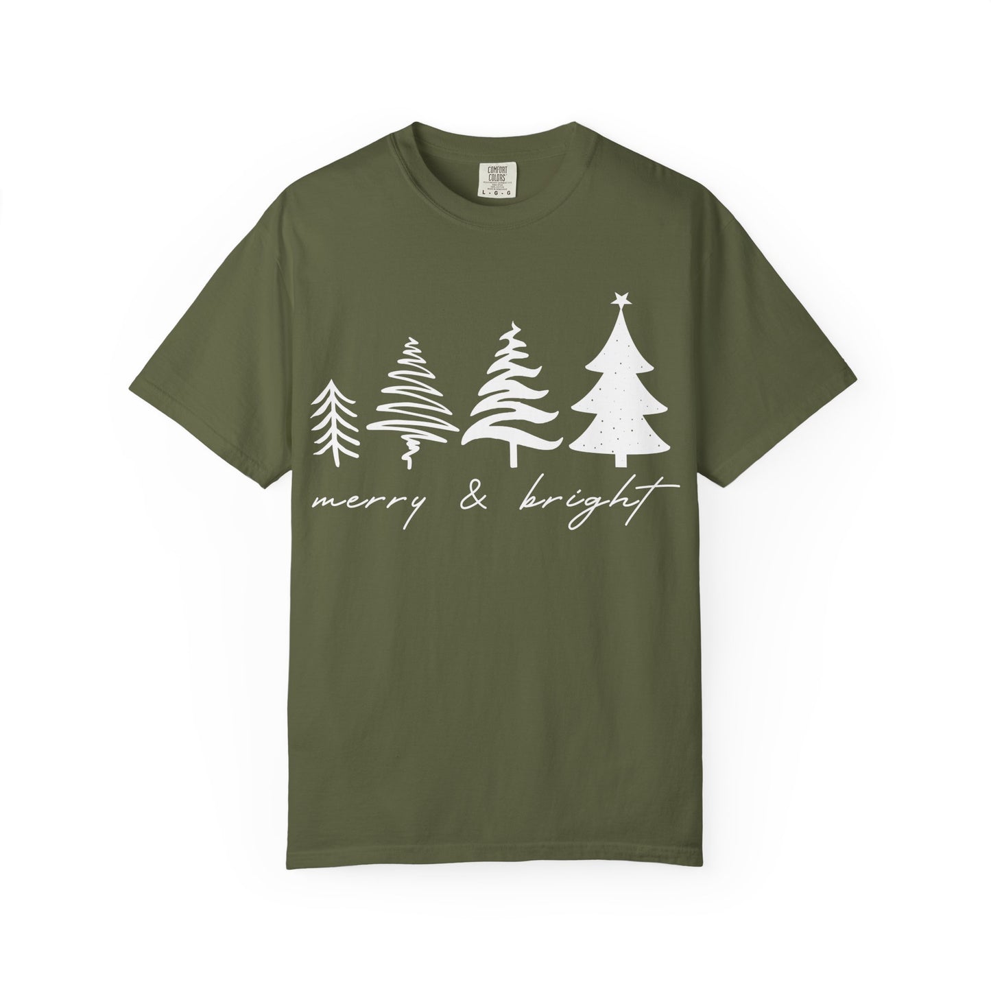Merry & Bright Holiday Shirt | Retro Merry Christmas Holiday Tees | Xmas Winter Outfit | Christmas Trees T-shirt | Womens Festive Holiday