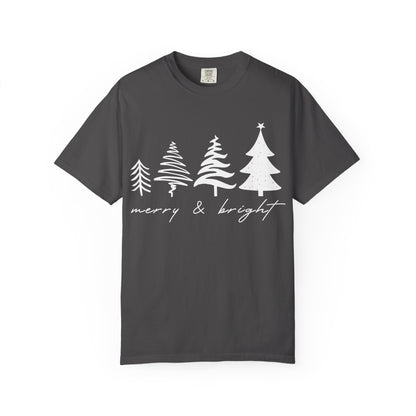 Merry & Bright Holiday Shirt | Retro Merry Christmas Holiday Tees | Xmas Winter Outfit | Christmas Trees T-shirt | Womens Festive Holiday