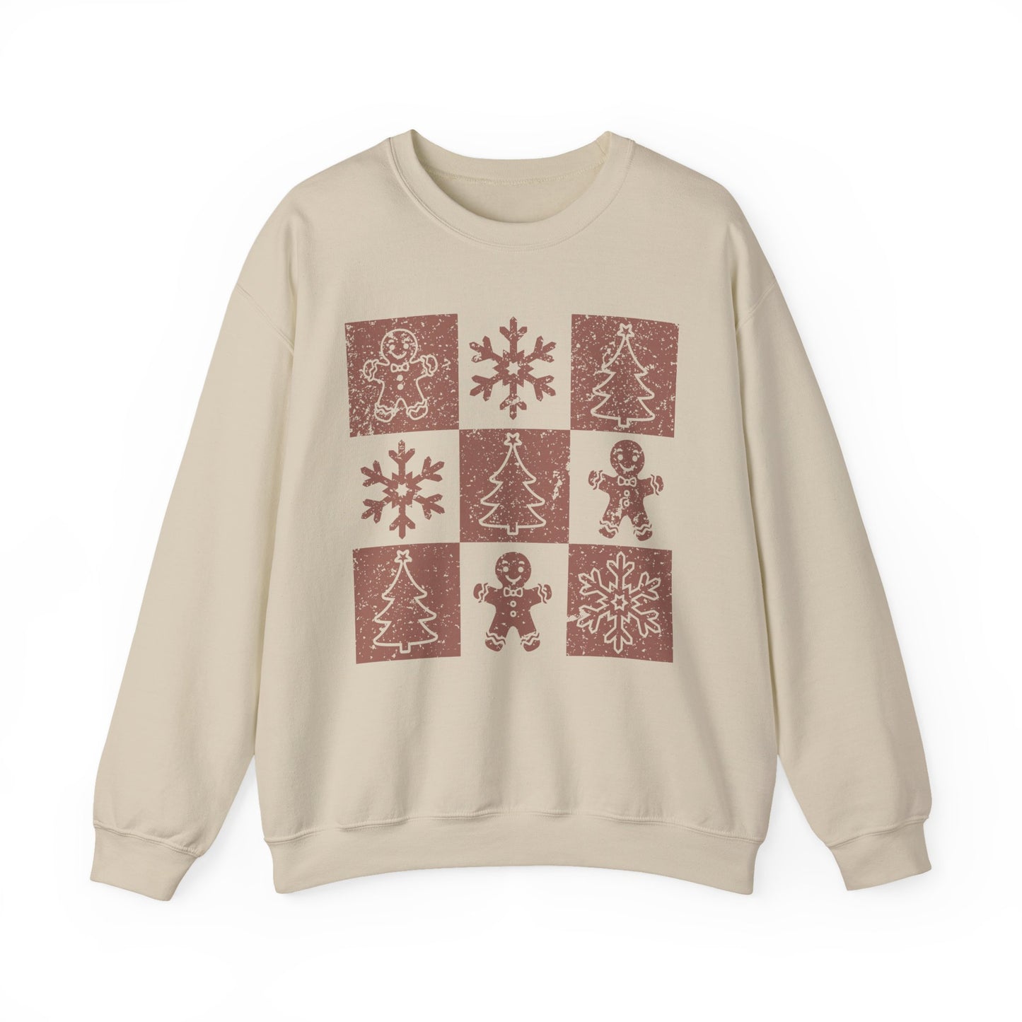 Checkered Gingerbread Sweatshirt | Retro Tree, Snowlake & Gingerbread Sweater for Men | Distressed Christmas Sweatshirt