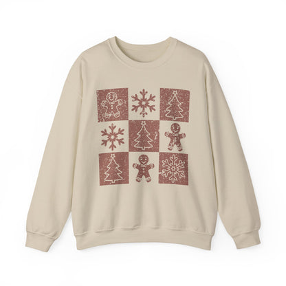 Checkered Gingerbread Sweatshirt | Retro Tree, Snowlake & Gingerbread Sweater for Men | Distressed Christmas Sweatshirt