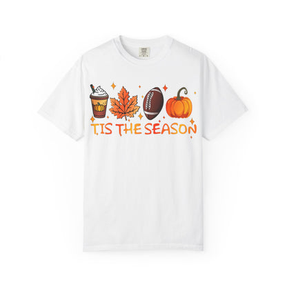 Tis The Season autumn icons T-shirt | coffee leaf football pumpkin