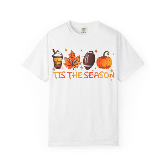 Tis The Season autumn icons T-shirt | coffee leaf football pumpkin