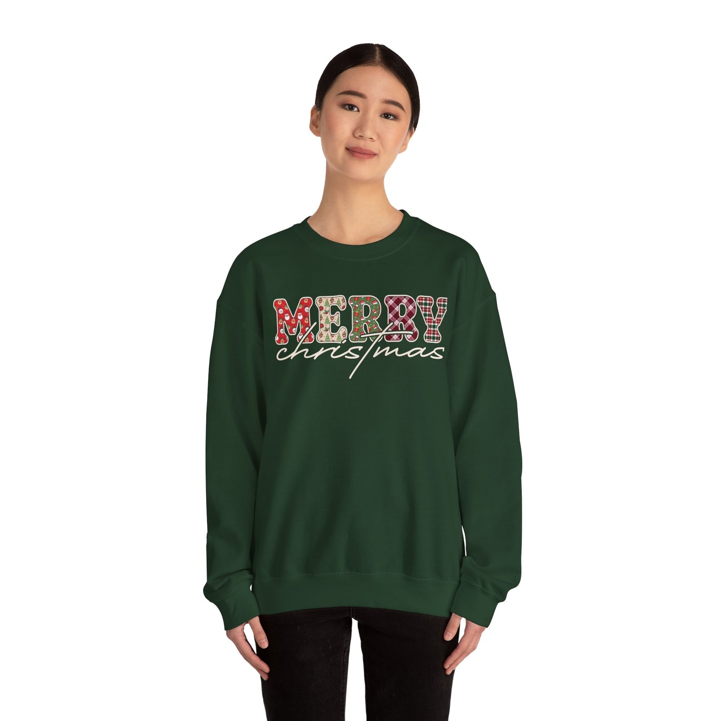 Plaid "Merry" Christmas Sweatshirt | Cute Winter Holiday Sweater | Patchwork Merry Christmas | Red and Green Plaid, Festive Crewneck