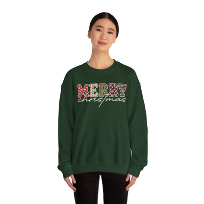 Plaid "Merry" Christmas Sweatshirt | Cute Winter Holiday Sweater | Patchwork Merry Christmas | Red and Green Plaid, Festive Crewneck