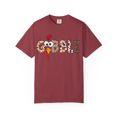 Gobble Turkey Graphic T-shirt | Thanksgiving Turkey Shirt, Leopard Print Letters