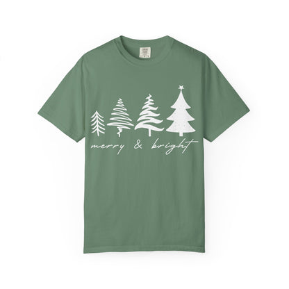 Merry & Bright Holiday Shirt | Retro Merry Christmas Holiday Tees | Xmas Winter Outfit | Christmas Trees T-shirt | Womens Festive Holiday