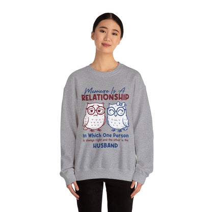 Funny Marriage T-shirt | Wife tees gift | Gift for Husband | Owl Couple | Marriage is a RELATIONSHIP in which one person always