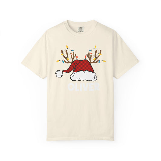 Santa Hat with Reindeer Christmas Tee | Personalized Christmas Sweatshirt | Kids Holiday Shirt | Winter Family Matching