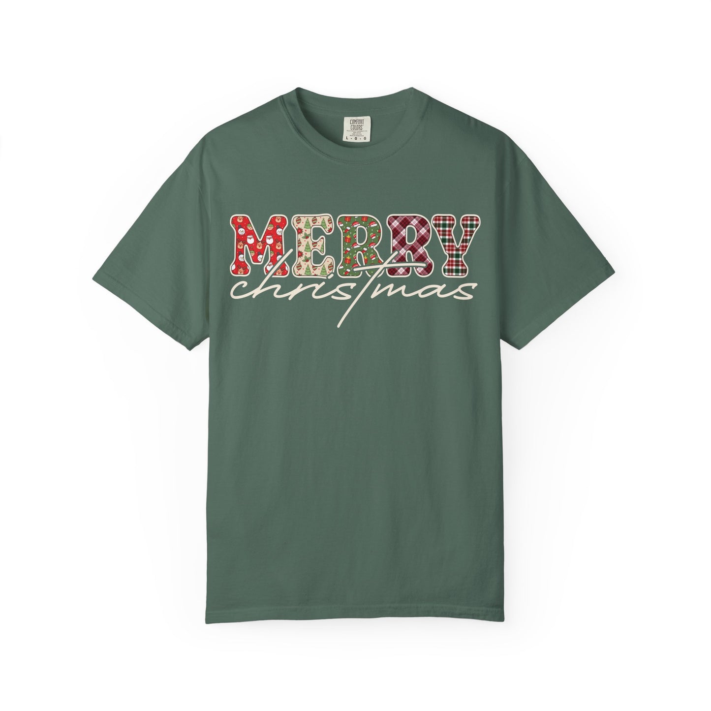 Plaid "Merry" Christmas T-shirt | Cute Winter Holiday Tees | Patchwork Merry Christmas Shirt | Red and Green Plaid, Festive Crewneck