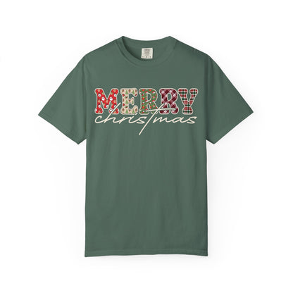 Plaid "Merry" Christmas T-shirt | Cute Winter Holiday Tees | Patchwork Merry Christmas Shirt | Red and Green Plaid, Festive Crewneck