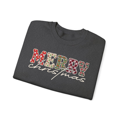 Plaid "Merry" Christmas Sweatshirt | Cute Winter Holiday Sweater | Patchwork Merry Christmas | Red and Green Plaid, Festive Crewneck