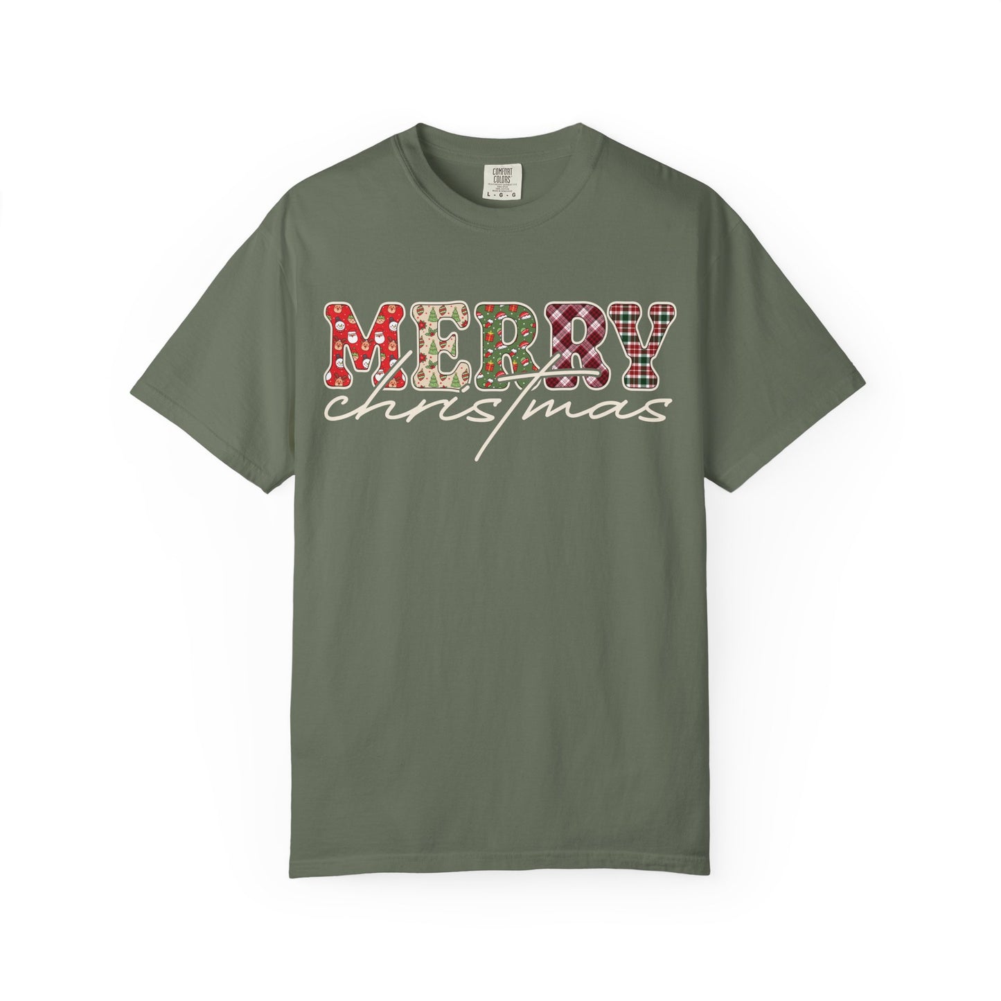 Plaid "Merry" Christmas T-shirt | Cute Winter Holiday Tees | Patchwork Merry Christmas Shirt | Red and Green Plaid, Festive Crewneck