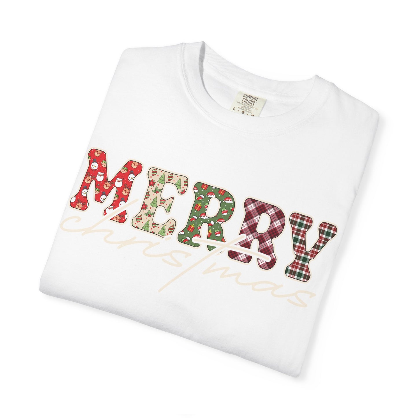 Plaid "Merry" Christmas T-shirt | Cute Winter Holiday Tees | Patchwork Merry Christmas Shirt | Red and Green Plaid, Festive Crewneck
