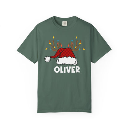 Santa Hat with Reindeer Christmas Tee | Personalized Christmas Sweatshirt | Kids Holiday Shirt | Winter Family Matching