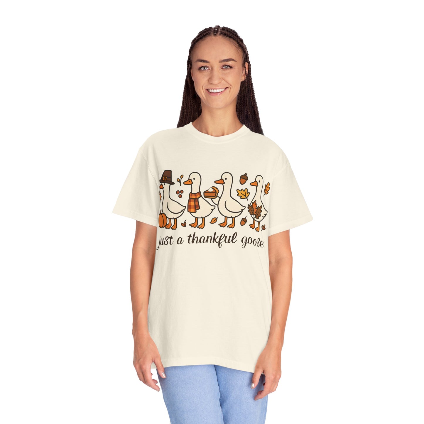 Thankful Goose Illustration T-shirt | Thanksgiving Fall Ducks Pumpkins Leaves