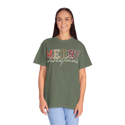 Plaid "Merry" Christmas T-shirt | Cute Winter Holiday Tees | Patchwork Merry Christmas Shirt | Red and Green Plaid, Festive Crewneck