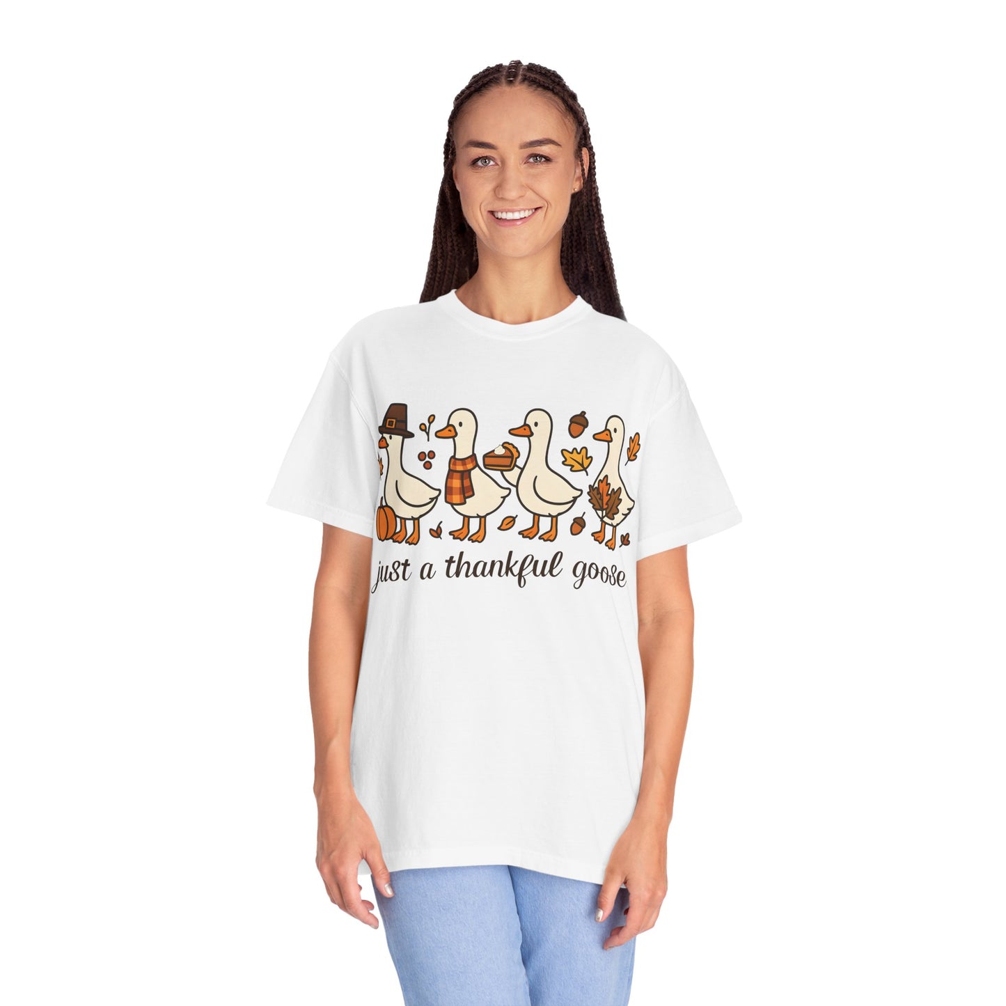 Thankful Goose Illustration T-shirt | Thanksgiving Fall Ducks Pumpkins Leaves