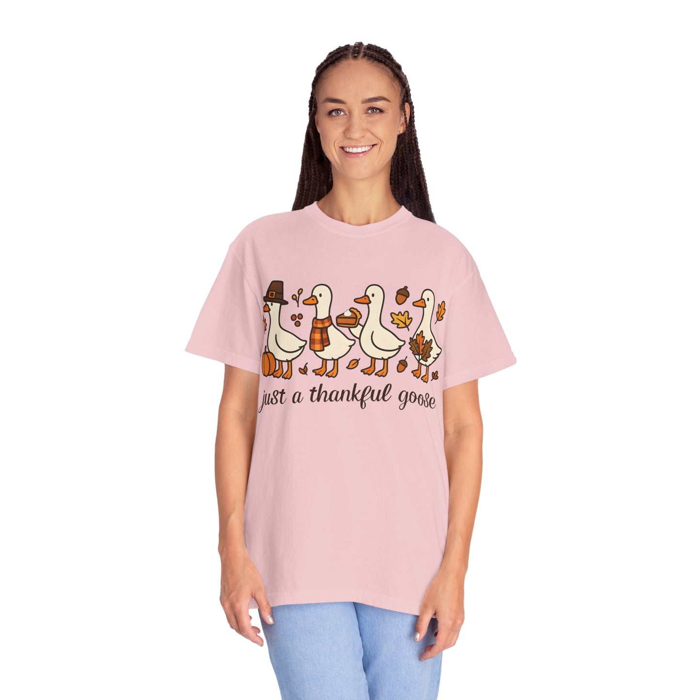 Thankful Goose Illustration T-shirt | Thanksgiving Fall Ducks Pumpkins Leaves