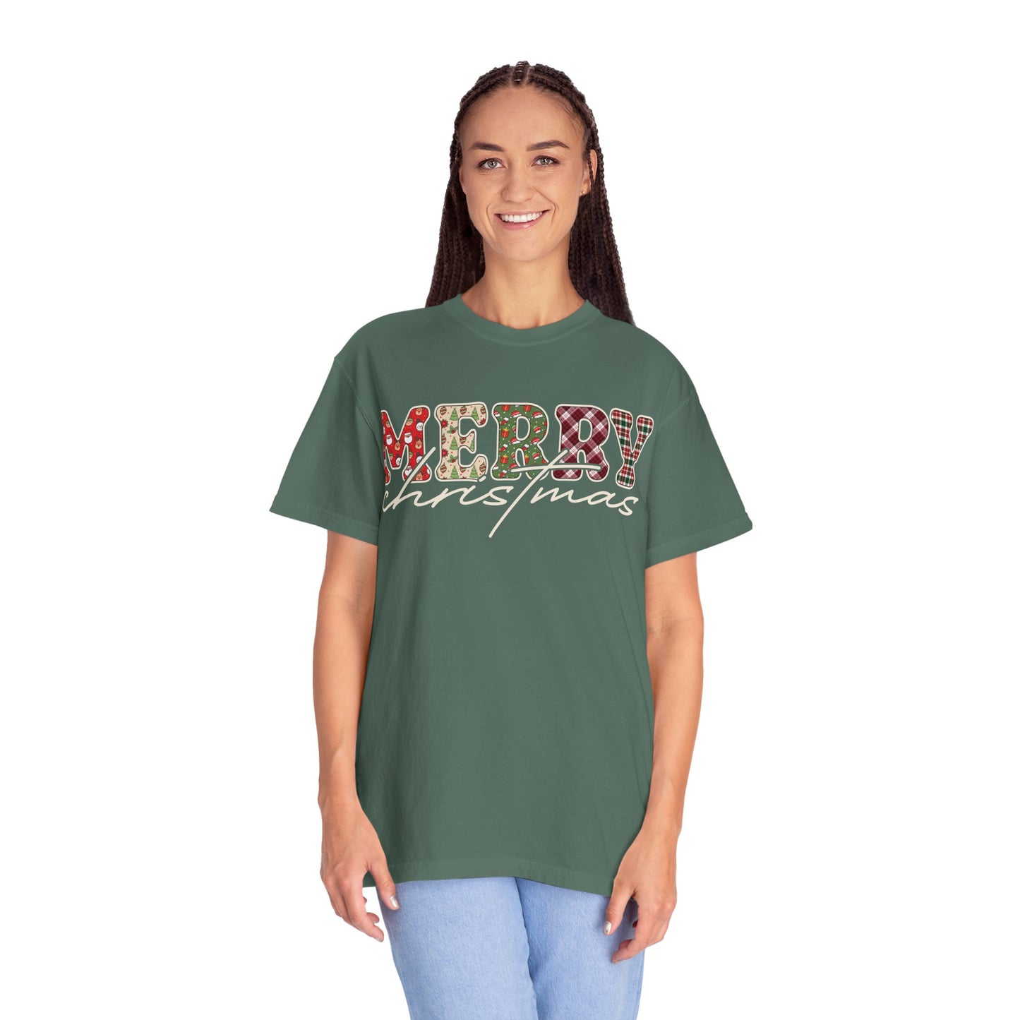 Plaid "Merry" Christmas T-shirt | Cute Winter Holiday Tees | Patchwork Merry Christmas Shirt | Red and Green Plaid, Festive Crewneck