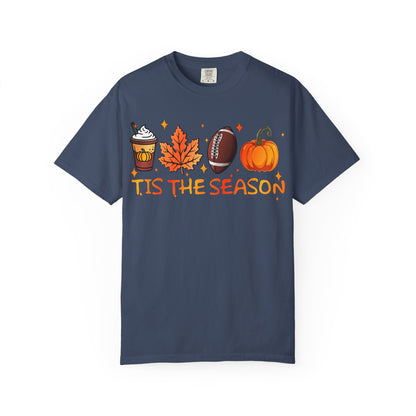 Tis The Season autumn icons T-shirt | coffee leaf football pumpkin