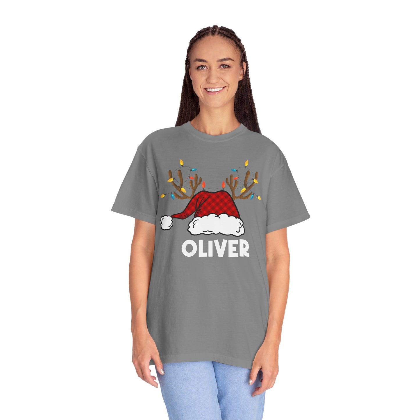 Santa Hat with Reindeer Christmas Tee | Personalized Christmas Sweatshirt | Kids Holiday Shirt | Winter Family Matching