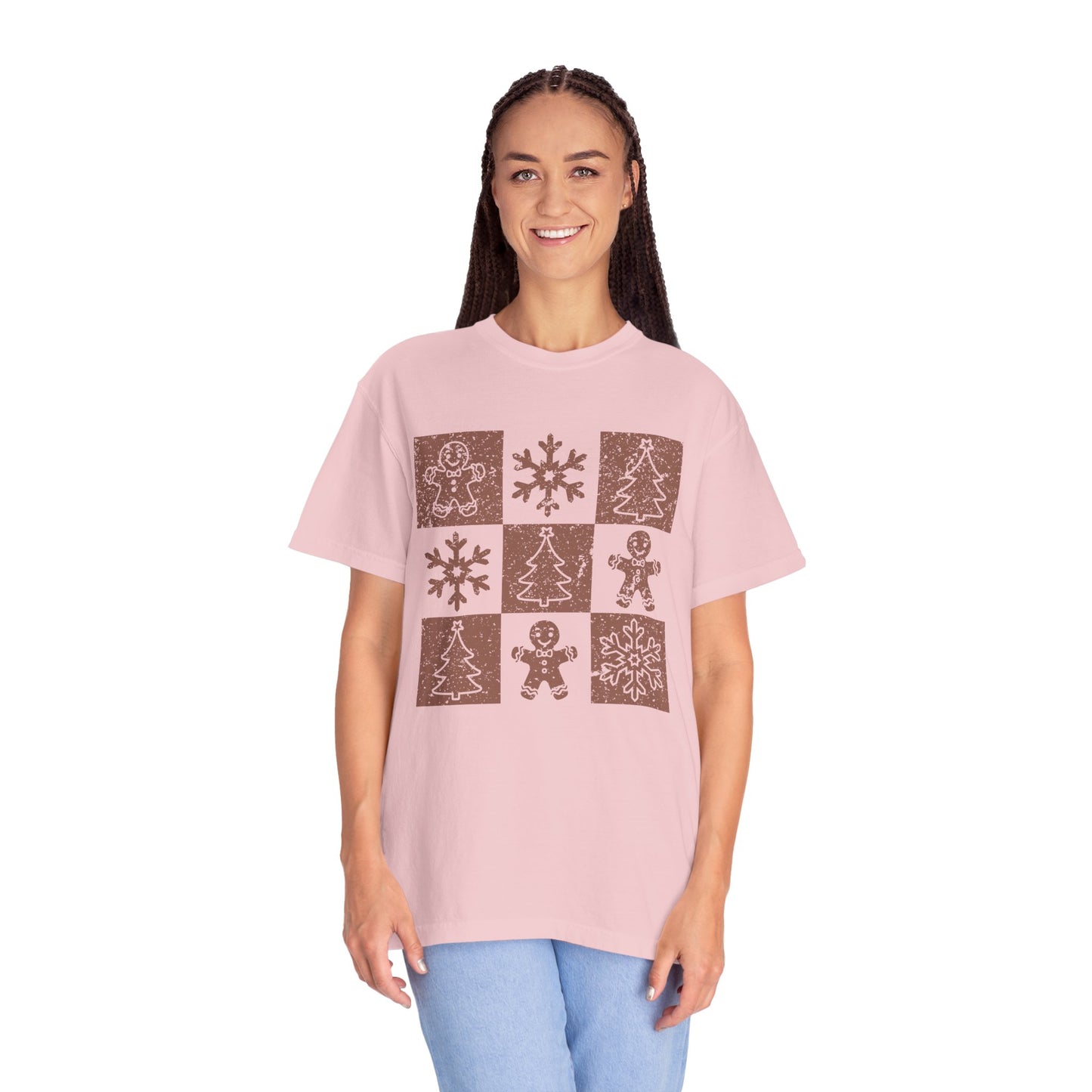 Checkered Gingerbread T-shirt | Retro Tree, Snowlake & Gingerbread tees for Women | Distressed Christmas Shirt | Funny Christmas Outfit