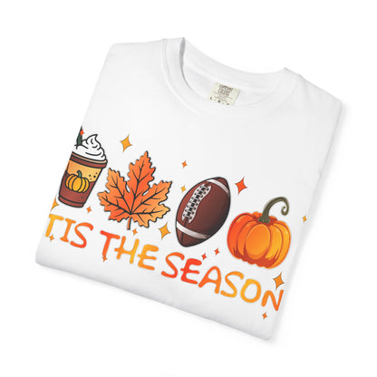 Tis The Season autumn icons T-shirt | coffee leaf football pumpkin