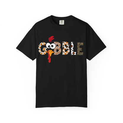 Gobble Turkey Graphic T-shirt | Thanksgiving Turkey Shirt, Leopard Print Letters