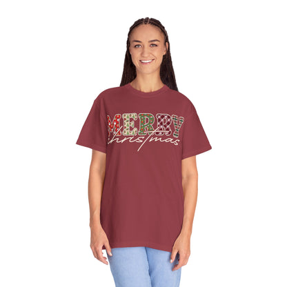 Plaid "Merry" Christmas T-shirt | Cute Winter Holiday Tees | Patchwork Merry Christmas Shirt | Red and Green Plaid, Festive Crewneck