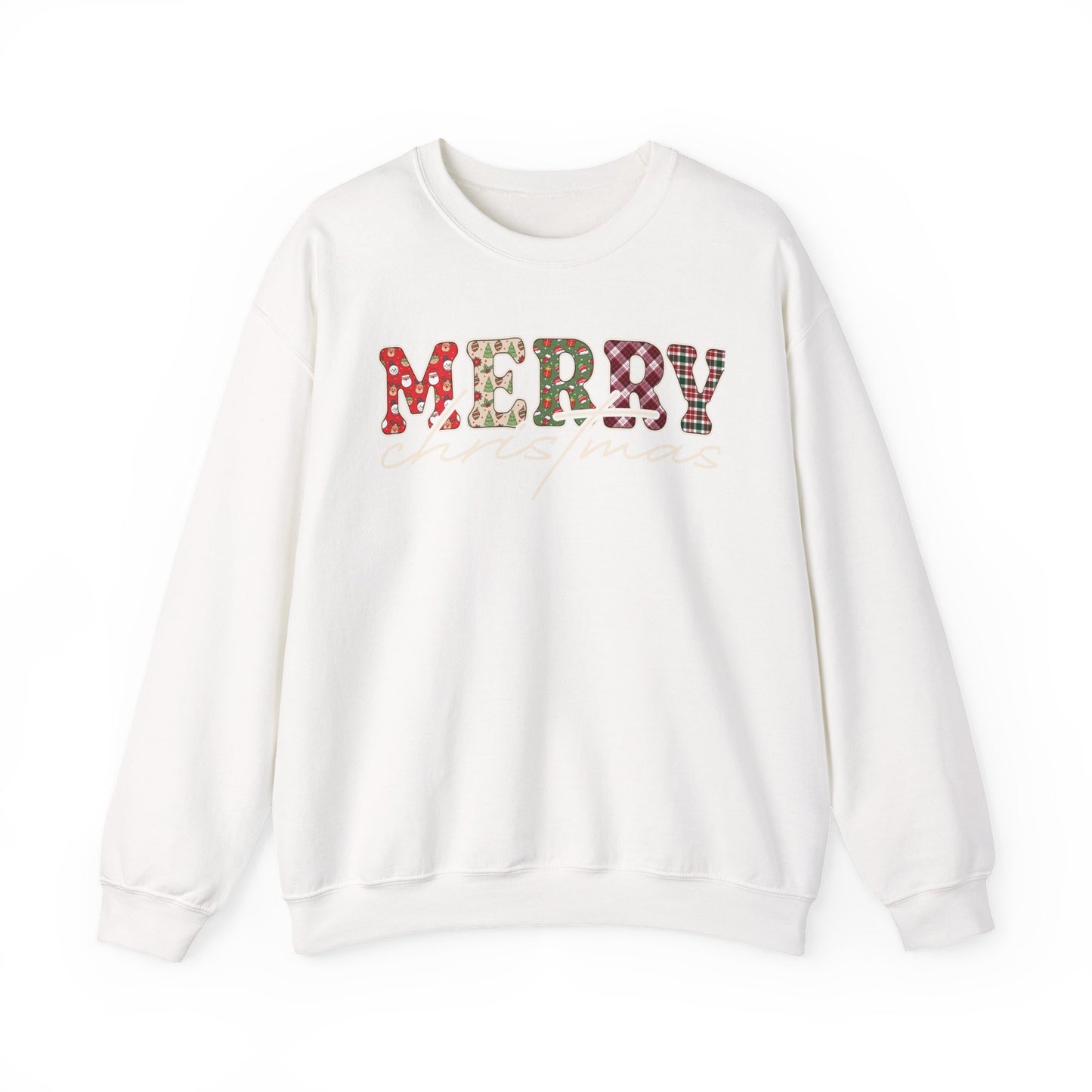 Plaid "Merry" Christmas Sweatshirt | Cute Winter Holiday Sweater | Patchwork Merry Christmas | Red and Green Plaid, Festive Crewneck