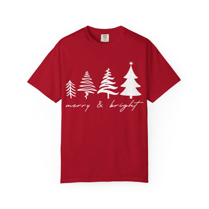 Merry & Bright Holiday Shirt | Retro Merry Christmas Holiday Tees | Xmas Winter Outfit | Christmas Trees T-shirt | Womens Festive Holiday