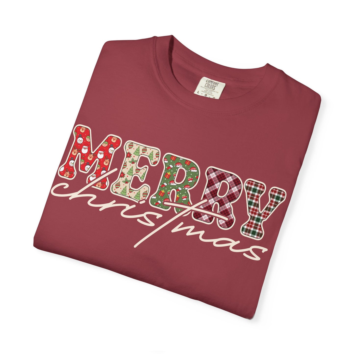 Plaid "Merry" Christmas T-shirt | Cute Winter Holiday Tees | Patchwork Merry Christmas Shirt | Red and Green Plaid, Festive Crewneck