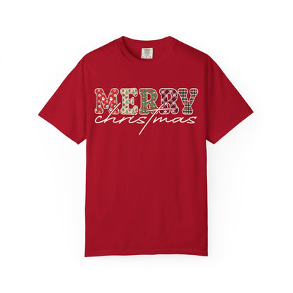 Plaid "Merry" Christmas T-shirt | Cute Winter Holiday Tees | Patchwork Merry Christmas Shirt | Red and Green Plaid, Festive Crewneck