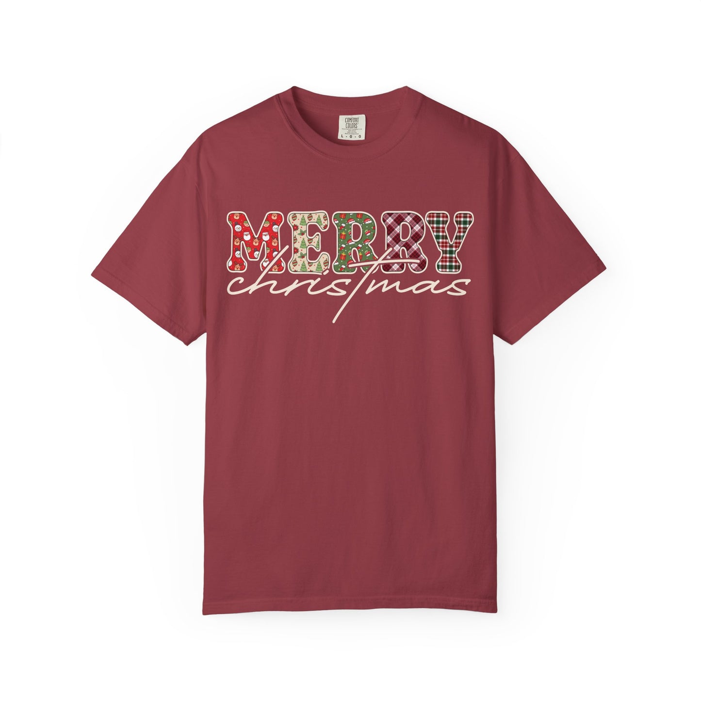 Plaid "Merry" Christmas T-shirt | Cute Winter Holiday Tees | Patchwork Merry Christmas Shirt | Red and Green Plaid, Festive Crewneck