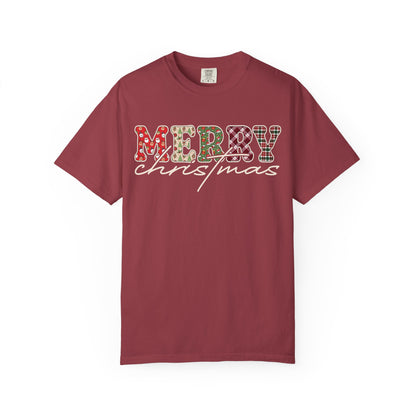 Plaid "Merry" Christmas T-shirt | Cute Winter Holiday Tees | Patchwork Merry Christmas Shirt | Red and Green Plaid, Festive Crewneck