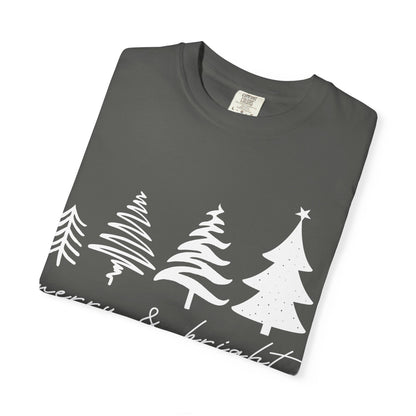 Merry & Bright Holiday Shirt | Retro Merry Christmas Holiday Tees | Xmas Winter Outfit | Christmas Trees T-shirt | Womens Festive Holiday