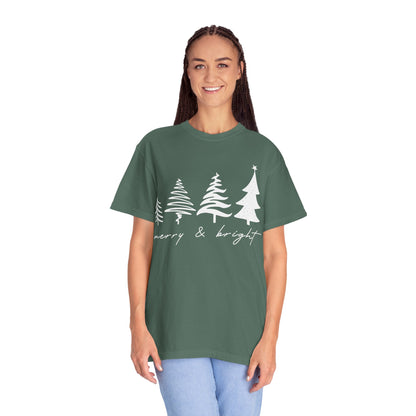 Merry & Bright Holiday Shirt | Retro Merry Christmas Holiday Tees | Xmas Winter Outfit | Christmas Trees T-shirt | Womens Festive Holiday