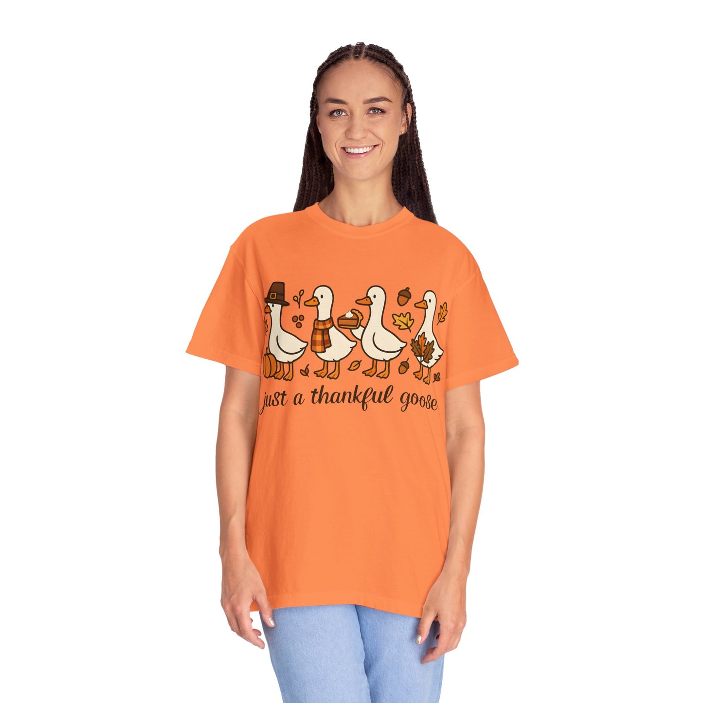 Thankful Goose Illustration T-shirt | Thanksgiving Fall Ducks Pumpkins Leaves