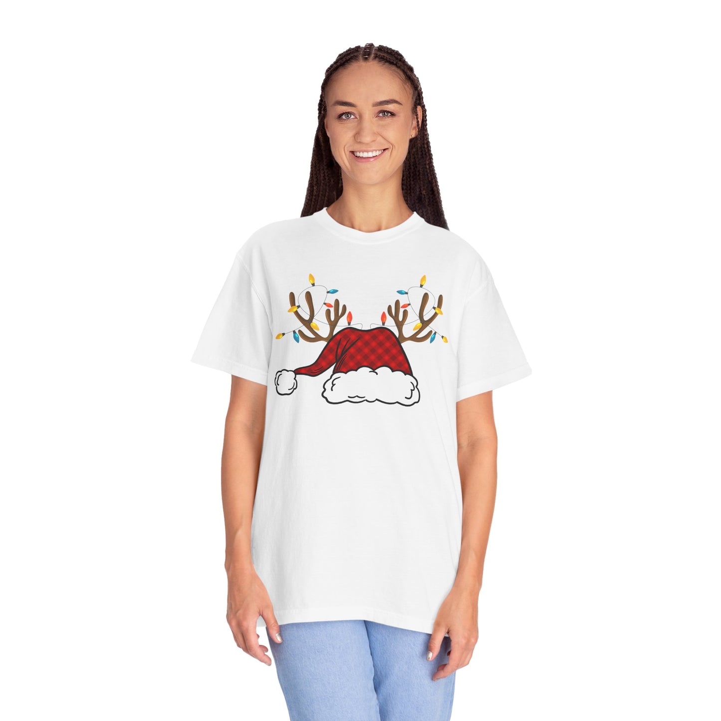 Santa Hat with Reindeer Christmas Tee | Personalized Christmas Sweatshirt | Kids Holiday Shirt | Winter Family Matching