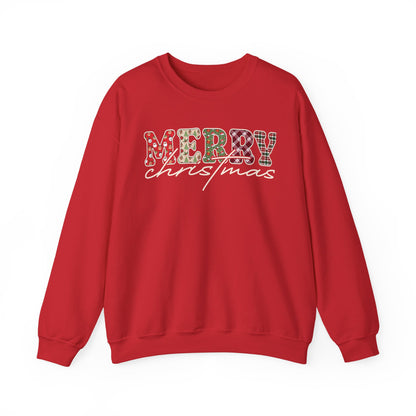 Plaid "Merry" Christmas Sweatshirt | Cute Winter Holiday Sweater | Patchwork Merry Christmas | Red and Green Plaid, Festive Crewneck