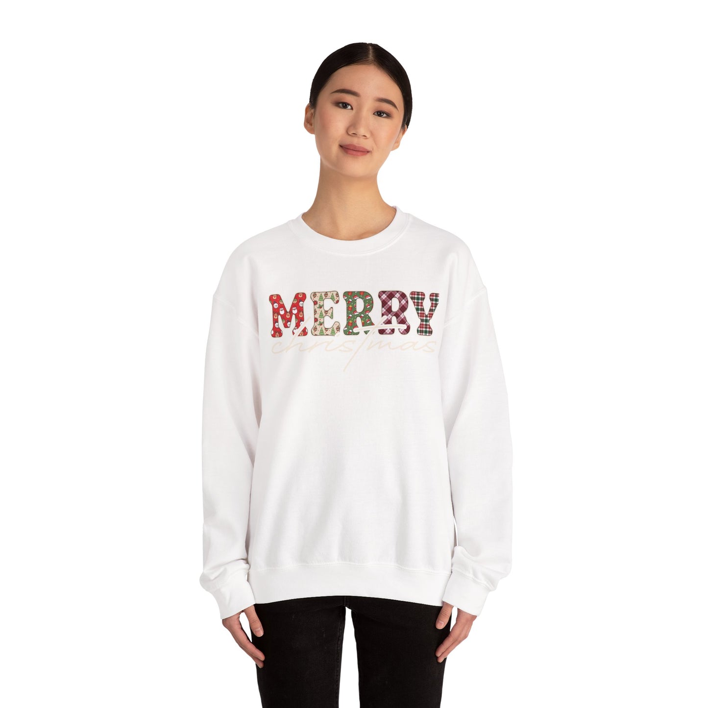 Plaid "Merry" Christmas Sweatshirt | Cute Winter Holiday Sweater | Patchwork Merry Christmas | Red and Green Plaid, Festive Crewneck